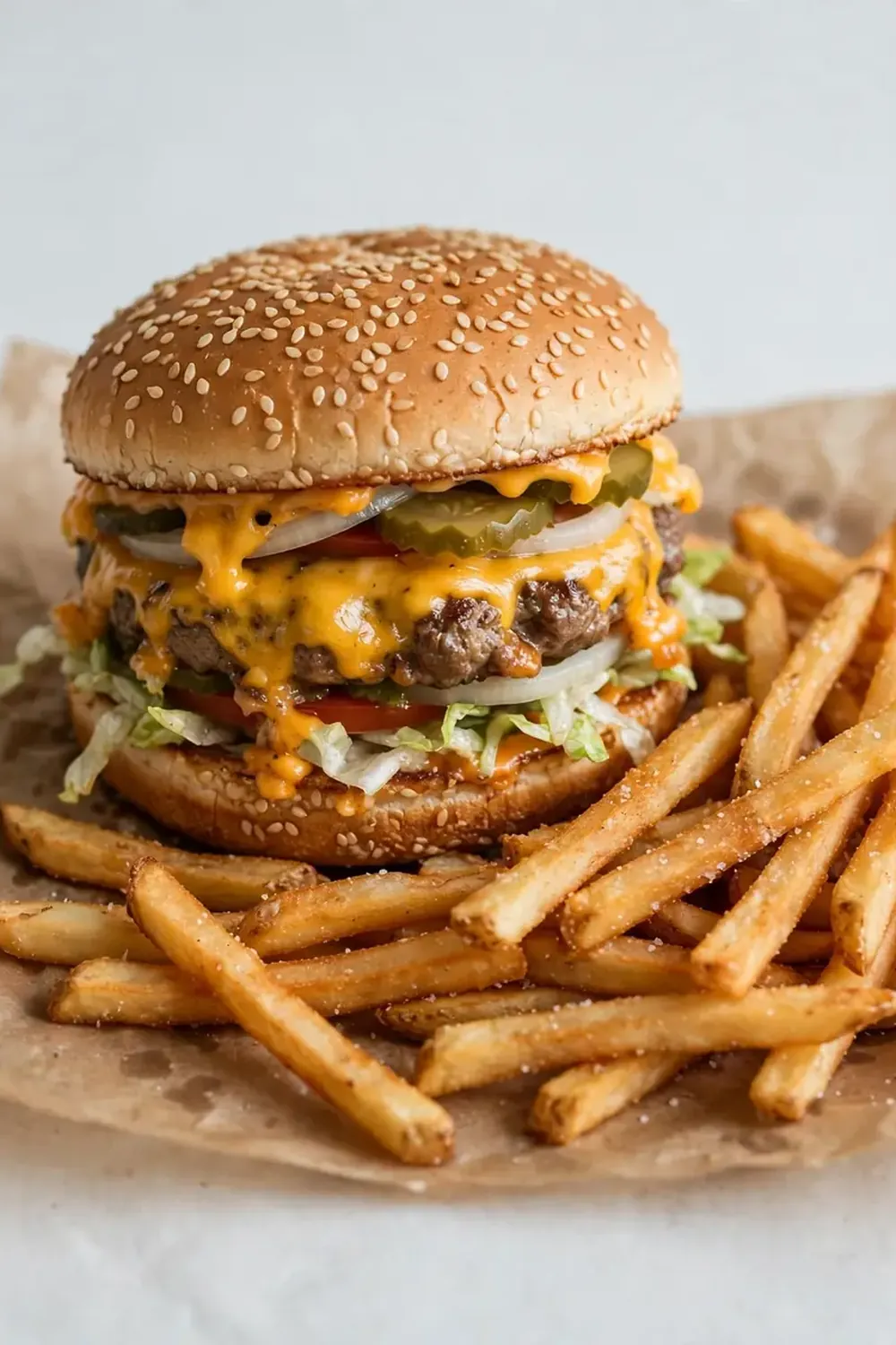 Classic American Cheeseburger with Crispy Fries