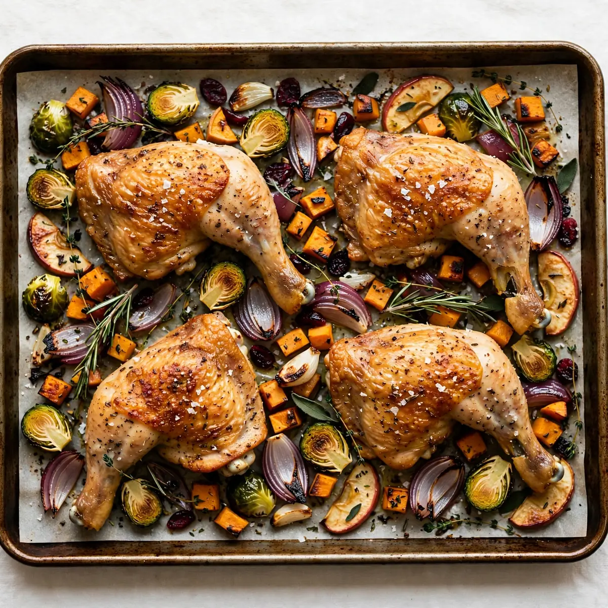 Gemütliches Sheet Pan Herbst-Hähnchen